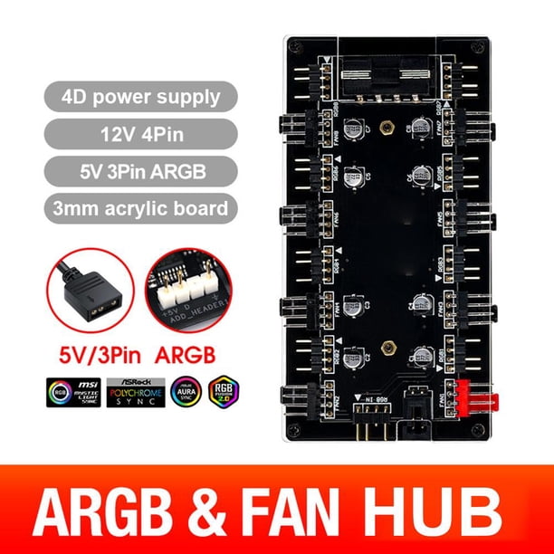 Ventilador ARGB de 5 V/3 pines PWM HUB 1 a 8 divisor para placa base de PC (4D + carcasa)