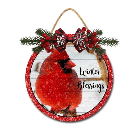 Front Door Porch Decorations Winter Blessings Door Hanging Sign 11 inch Wooden Wall Sign, Rustic Holiday Wreath Decor for Front Door Porch Home Window Wall Farmhouse Decorations