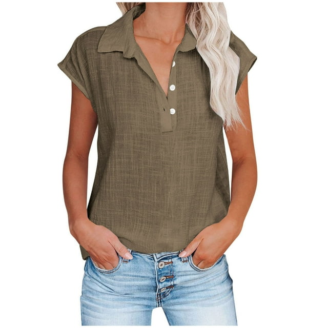 Timegard Hauts en Coton et Lin pour Femmes Col à Revers Boutons Manches Courtes Décontracté Ample Chemisier Basique
