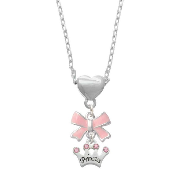 Delight Jewelry Silvertone Small ''Princess'' Crown with Pink Crystals Pink Bow Heart Necklace