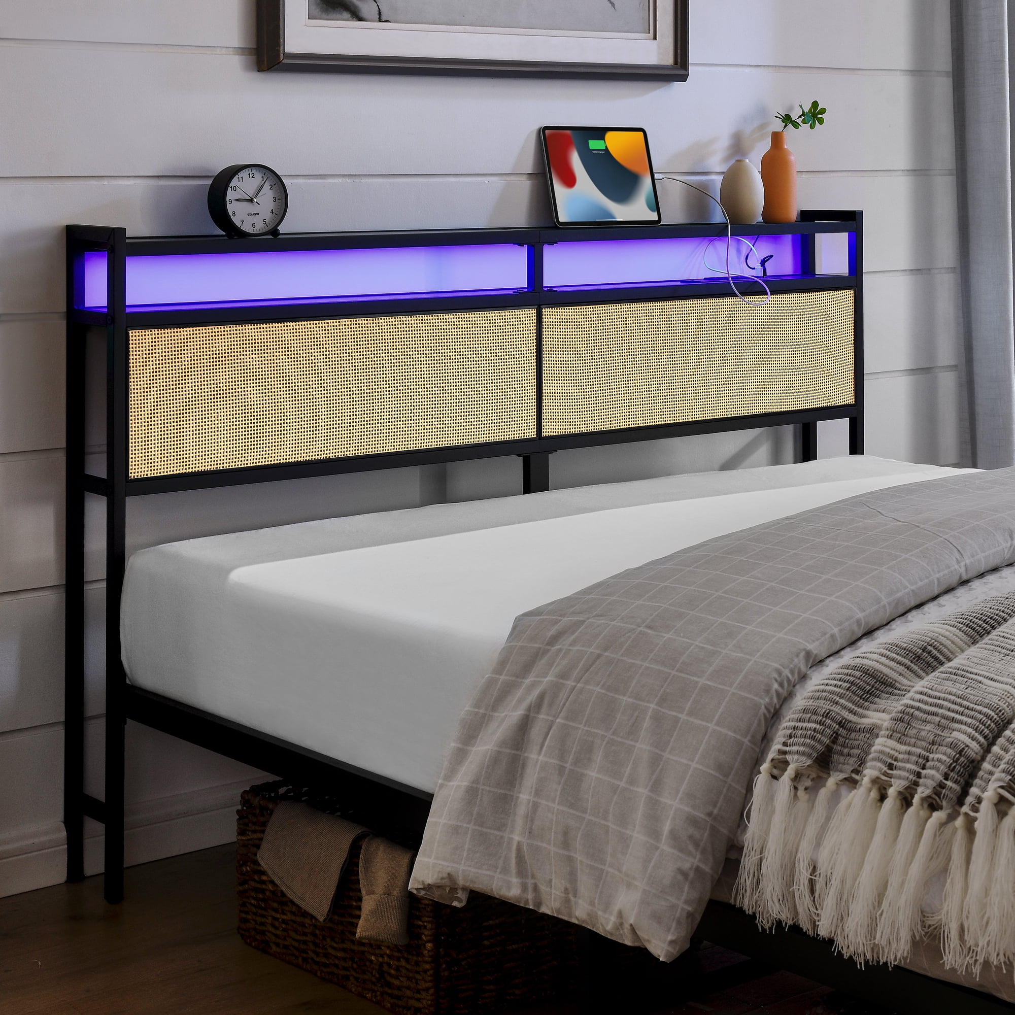 Euroco Metal Queen Platform Bed Frame with Storage Headboard and LED Light for Adults, Beige