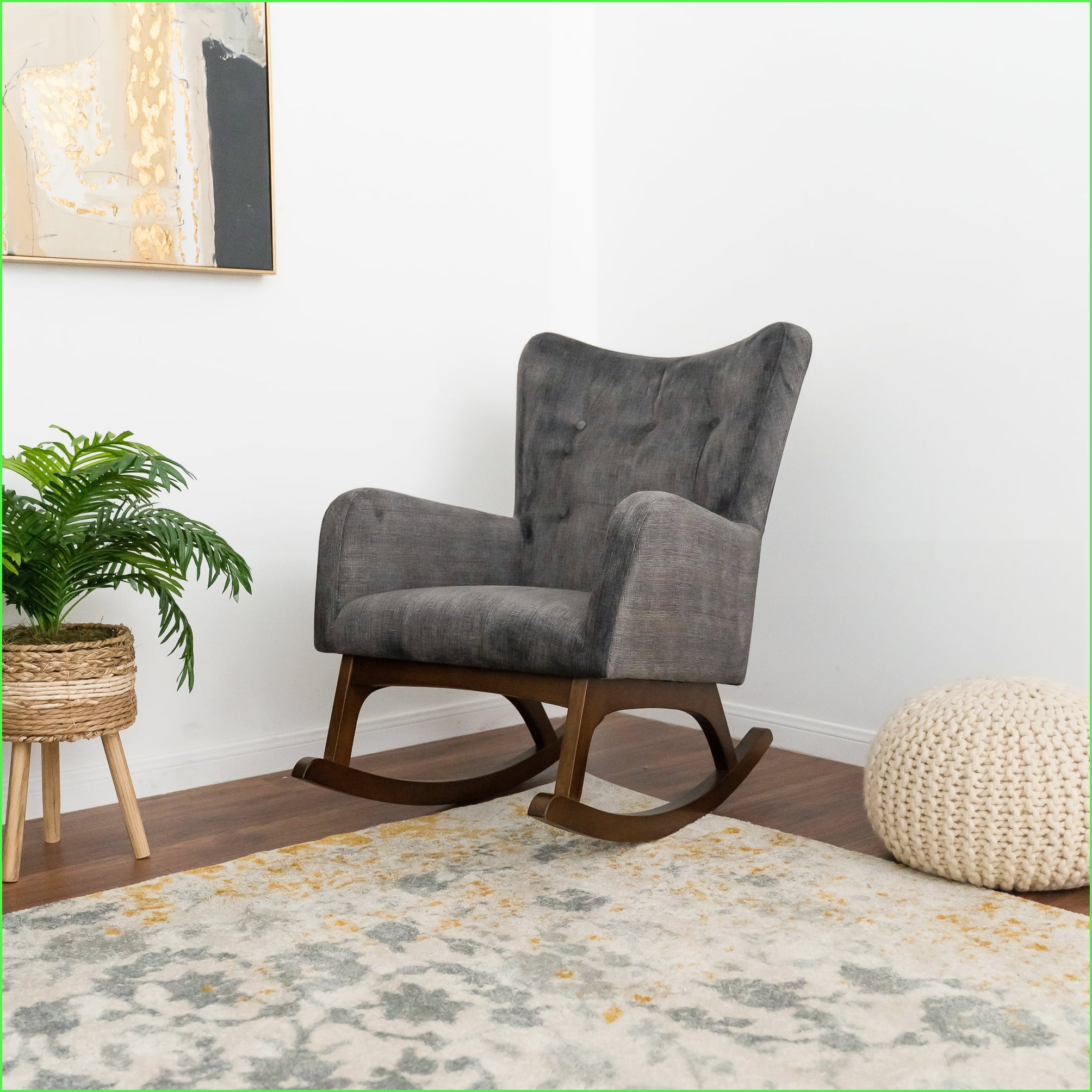 Rocking Chair, Solid Wood with Stain Resistant Fabric, Brown/Dark Gray, 36x26x36.5 for Living Room Nursery Bedroom | Solid Wood | Fabric