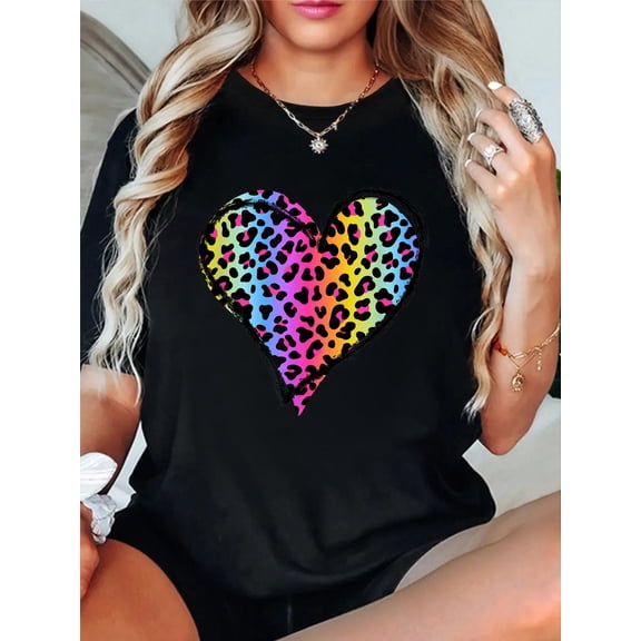 Heart Rainbow Cheetah Leopard Tiger Print T-Shirt casual short sleeve crew neck cotton tee tops for women