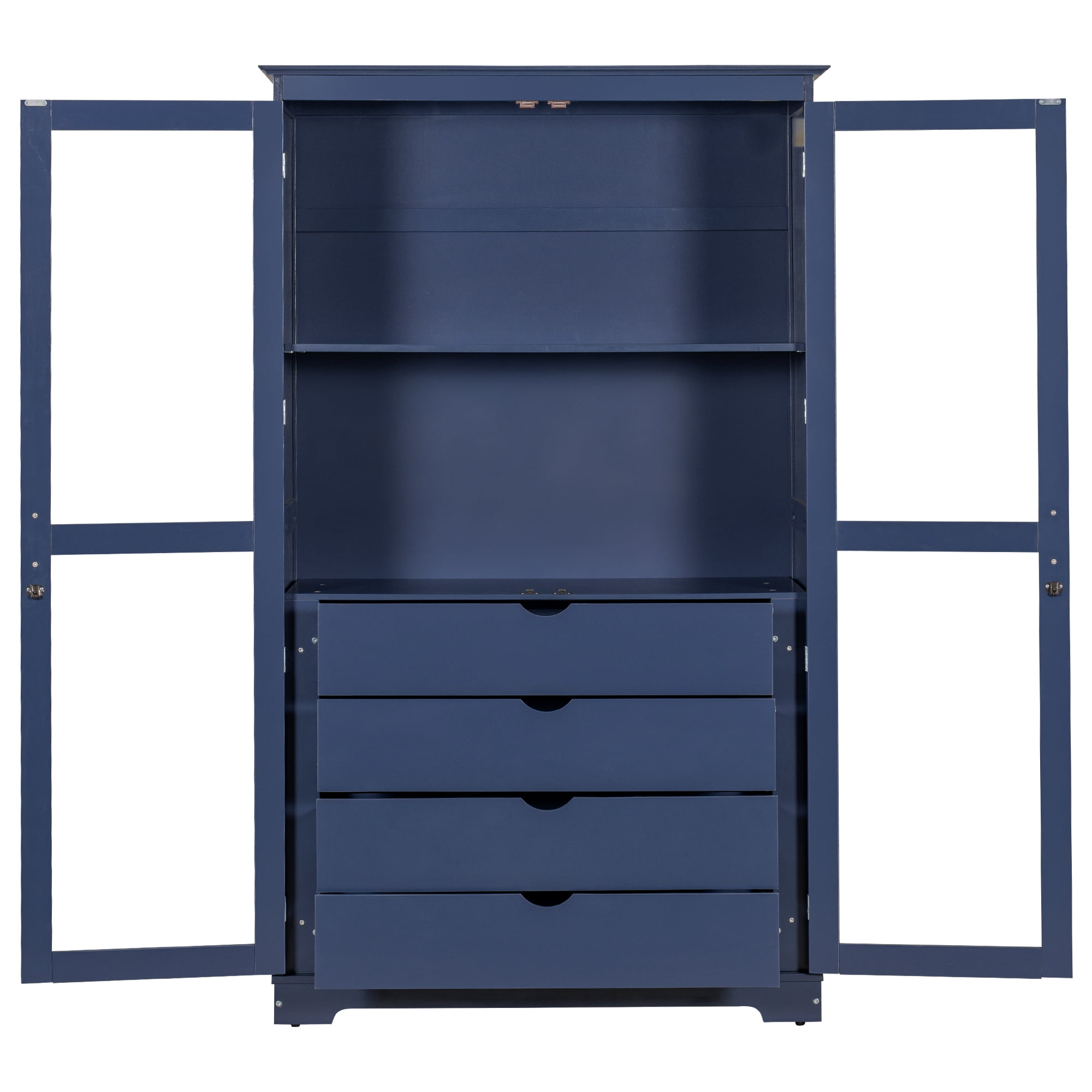 Euroco Extra Large Solid Pine Wood Kitchen Pantry Cabinet with Glass Doors, 4 Drawers & Adjustable Shelf, Freestanding Storage Cabinet – 44.7"W