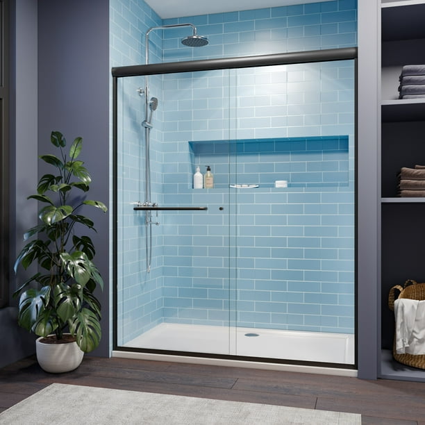 Sunny Shower Double Sliding Shower Doors With 1 4 In Clear Glass 58 5 In 60 In W X 72 In H Black Hardware Semi Frameless Shower Enclosure Walmart Com