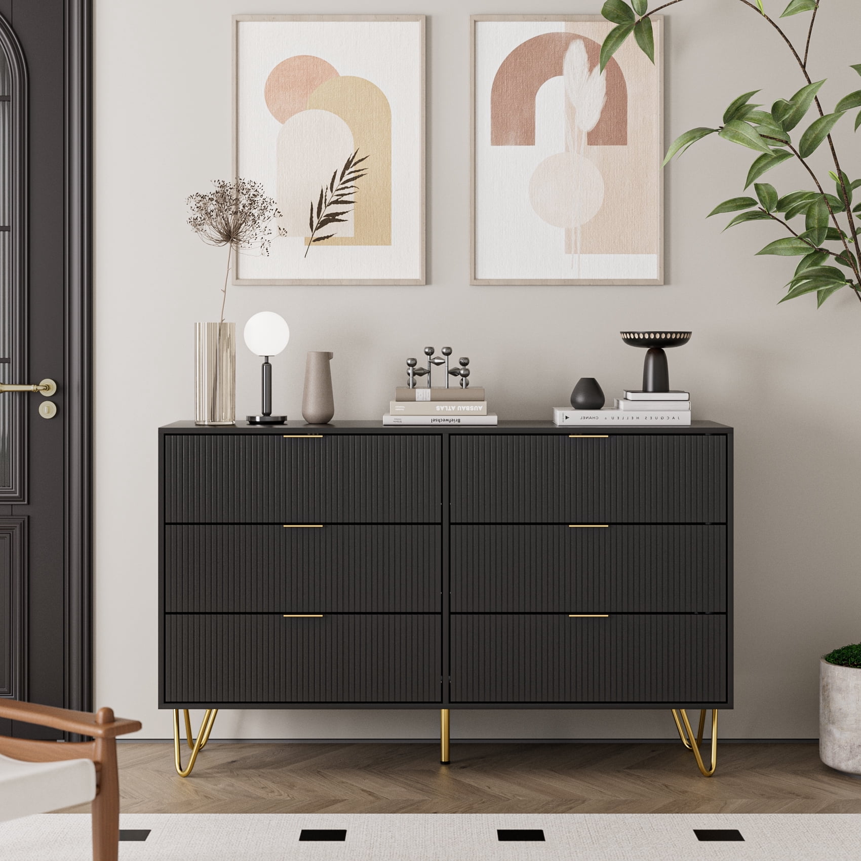 Space-Saving 6-Drawer Dresser Cabinet - Modern Black Vertical Grain Storage for Bedroom, Living Room & Entryway