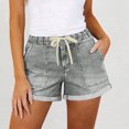 thumbnail image 2 of Elvqul Womens Hot Pant Summer Mid Rise Jean Shorts Pull On Pocket Beach Plain Y2K Drawstring Denim Shorts for Women, 2 of 8