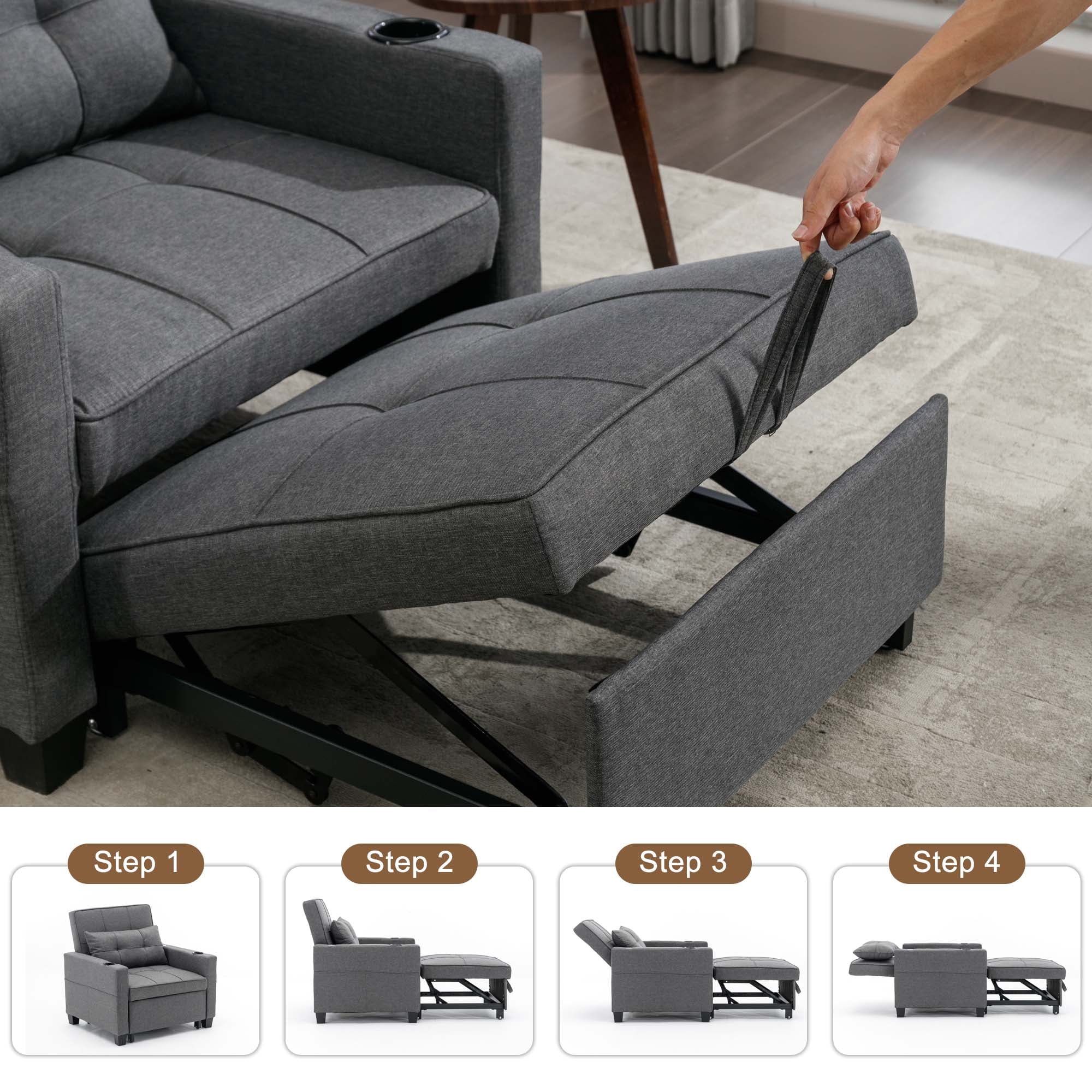 Aukfa Convertible Sleeper Sofa Chair, Futon Chair Bed with USB Ports and Cup Holders for Living Room - Gray