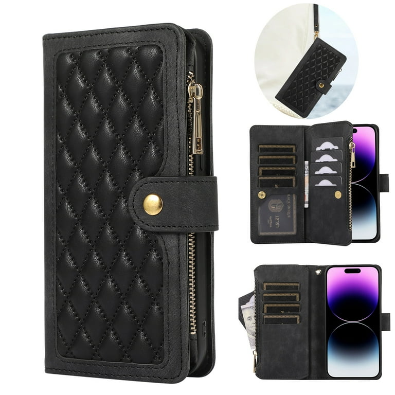 iPhone 13 Pro Leather Flip Wallet Case with Wrist Strap Black