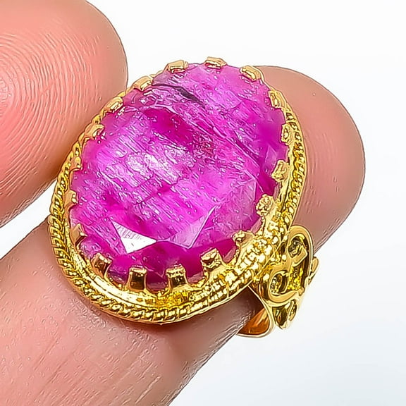 Ruby (Simulated) Silver 18k Yellow Gold Plated Ring s.8.5 R7623-320, Gemstone Silver Jewelry, New Year Sale, Valentin's Day Gift