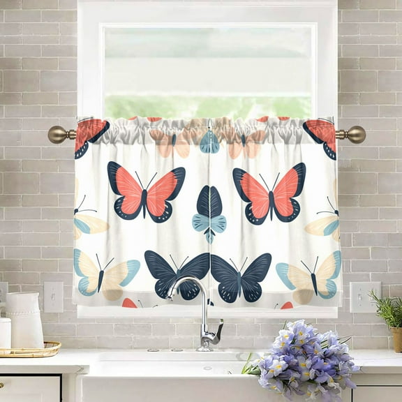 Yayeee Kitchen Curtains Tier Pair Light Filtering 27"x36" Rod Pocket Short Cafe Window Panel, Beige Butterflies
