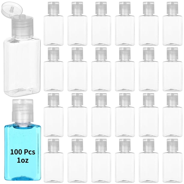 100 botellas de viaje de plástico, mini botellas transparentes de 1 oz con tapas abatibles, botellas desinfectantes de manos portátiles, contenedores vacíos recargables, contenedores de cosméticos par