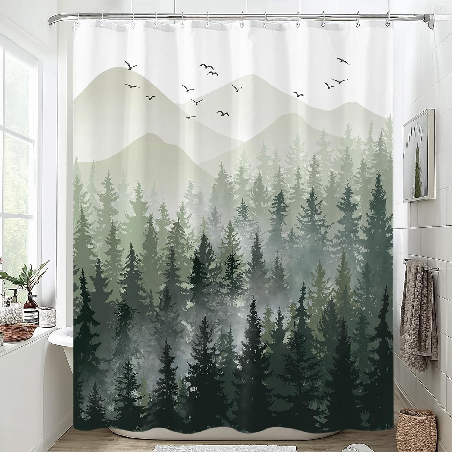 Green Misty Forest Shower Curtain Ombre Sage Green White Mountain Pine Tree Waterproof Fabric Shower Curtains for Bathroom Nature Woodland Decorative Modern Bath Curtain Decor 72×72 Inches