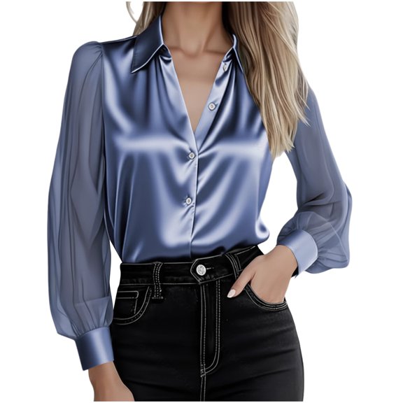 ClodeEU Satin Silk Button Down Shirts for Women,Long Sleeve Business Casual Tops Blue,Womens Plus XXL