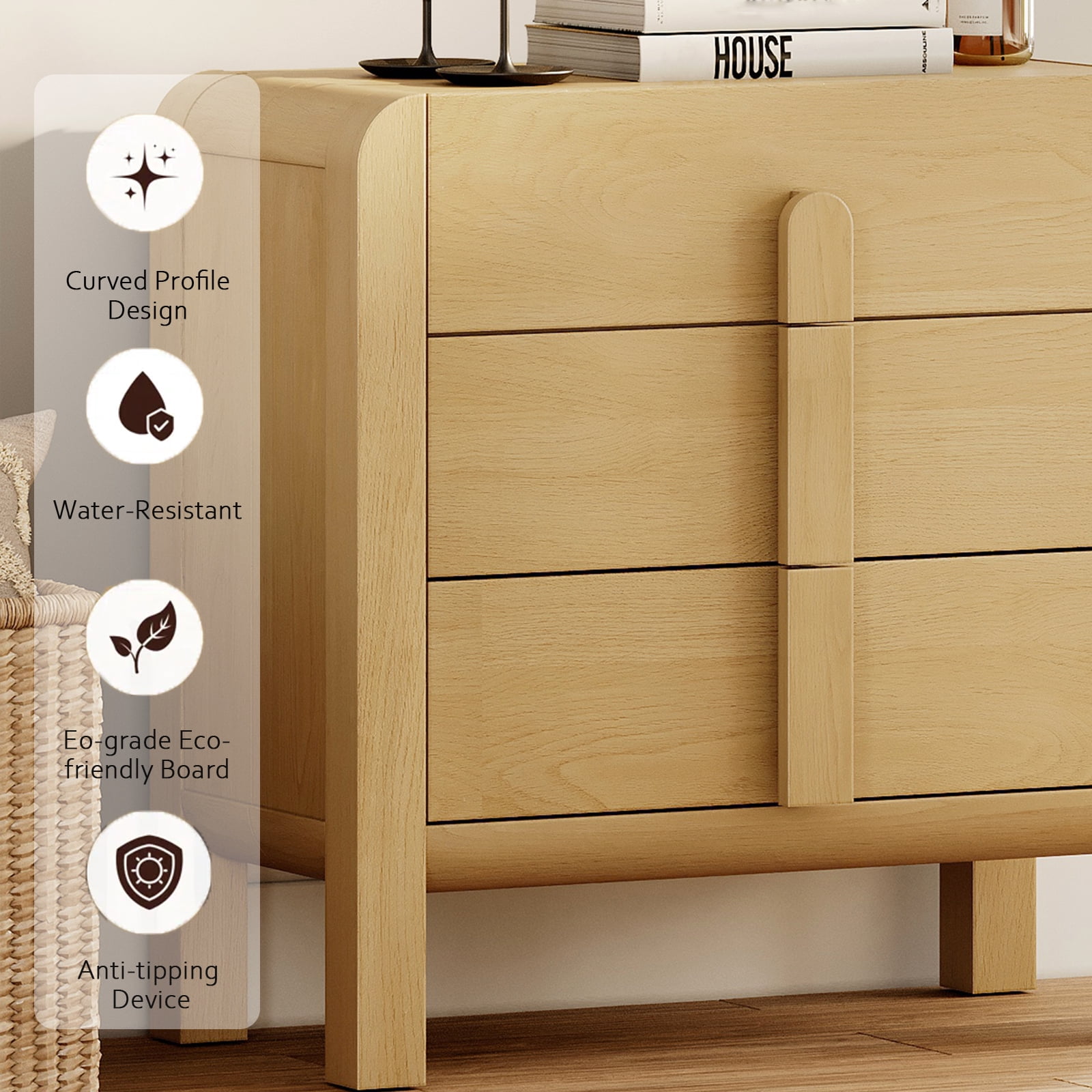 Mid-Century Modern Wood Nightstand with 3 Drawers ,31.5" Large End Table,Curved Bedside Table Storage Cabinet for Bedroom, Living Room,Entryway