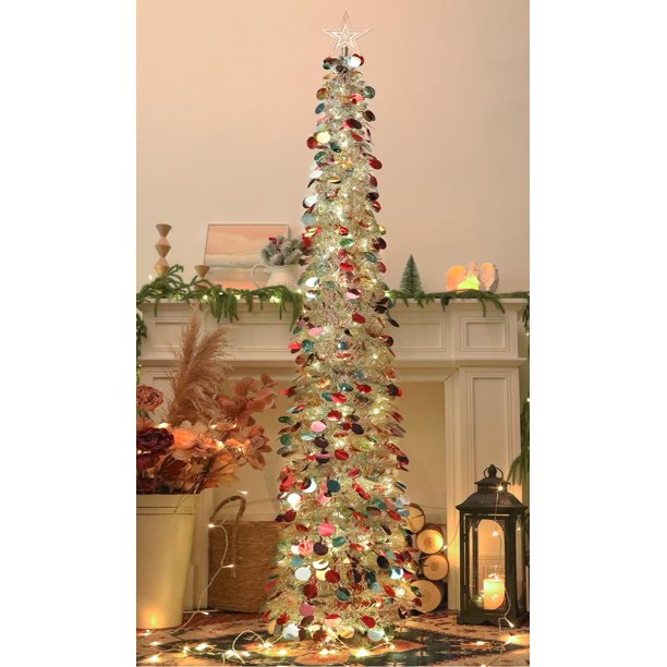 Árbol de Navidad SINTENILL de 6 pies con 100 luces LED, oropel plateado