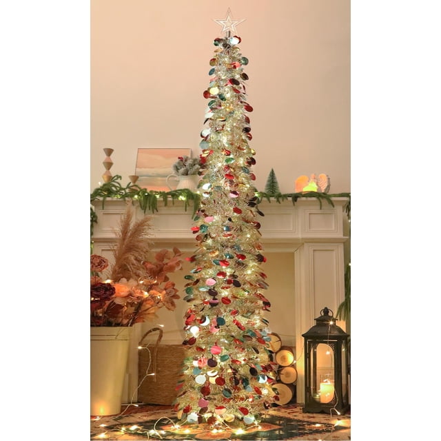 Árbol de Navidad SINTENILL de 6 pies con 100 luces LED, oropel plateado