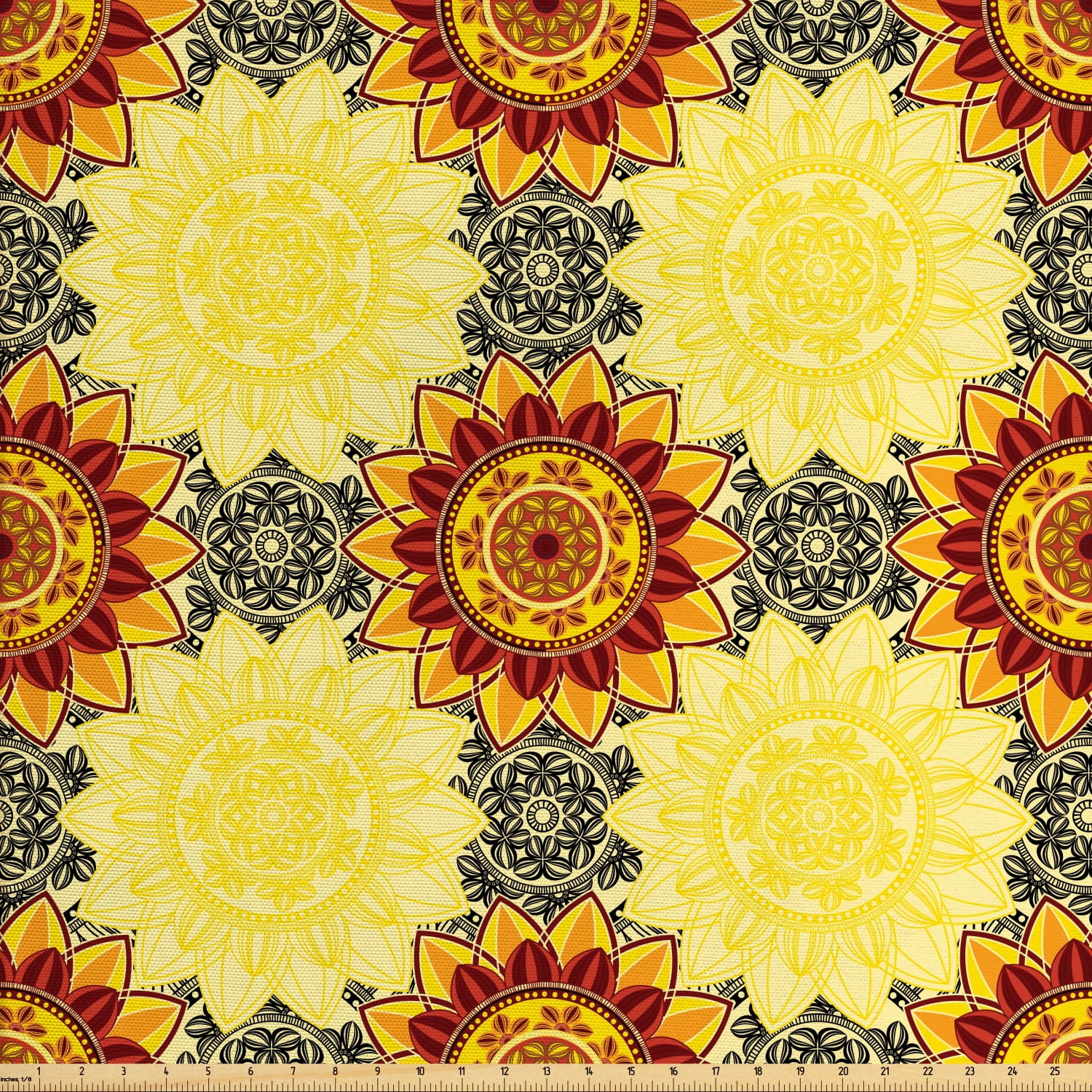 Mandala Fabric by The Yard, Vibrant Yellow Mandala with Floral