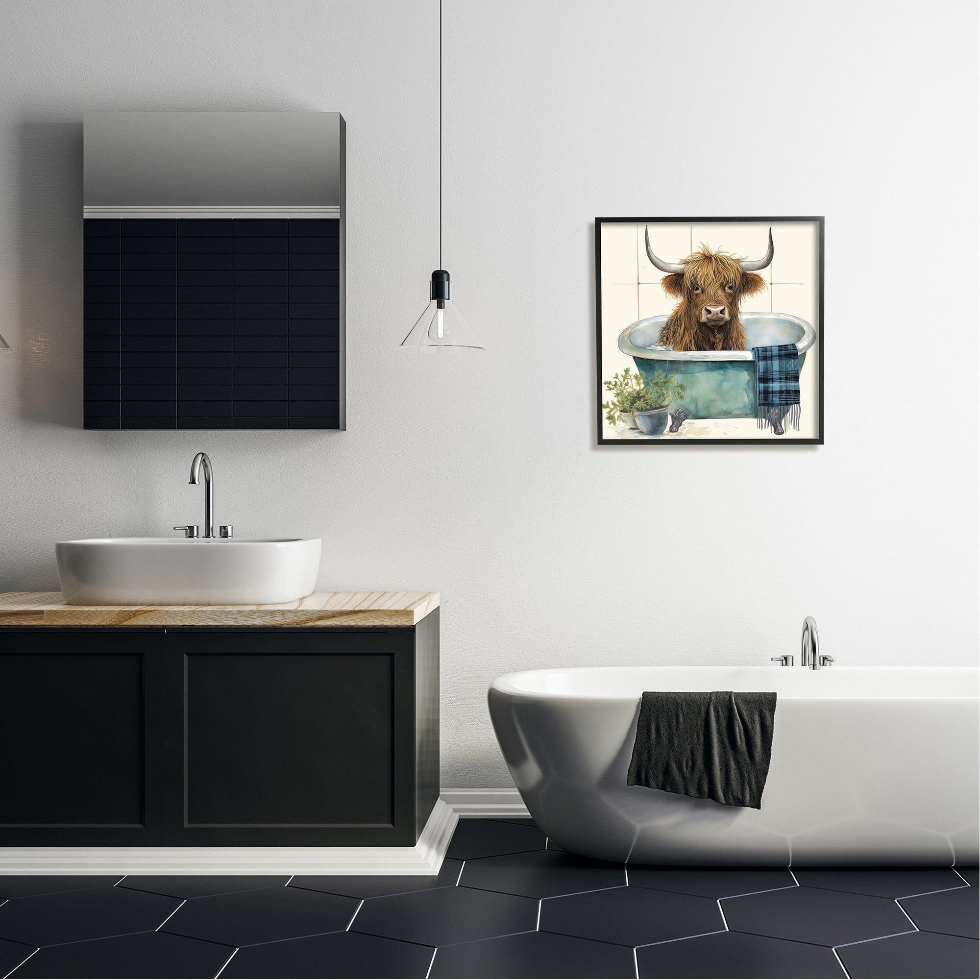 Stupell Industries Farmhouse Cow in Tub Animals & Insects Painting Black Framed Art Print Wall Art, 24 x 24