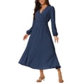 thumbnail image 4 of INSPIRE CHIC Robe Plissée pour Femme Manches Longues Bouffantes Col en V Robe avec Ceinture à la Taille m Bleu Marine, 4 of 6