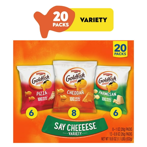 Goldfish Crackers Say Cheeeese Variety Pack with Cheddar, Pizza and Parmesan, Snack Packs, 20 Count
