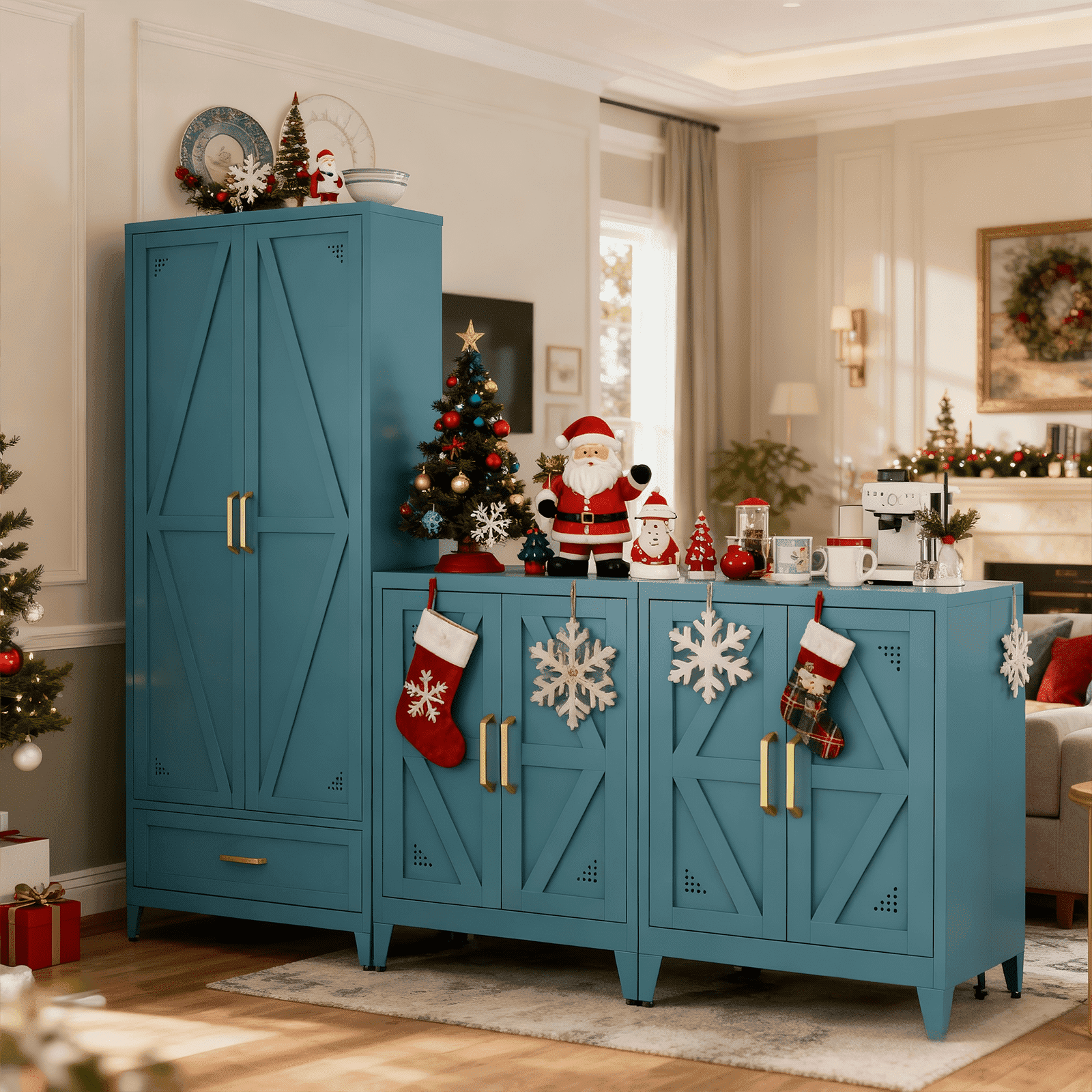 JHYKFG 32"Metal Bathroom Storage Cabinet,Freestanding Sideboard with 2 Adjustable Shelves for Small Spaces, Living Room, Hallway, Dining Room,Blue