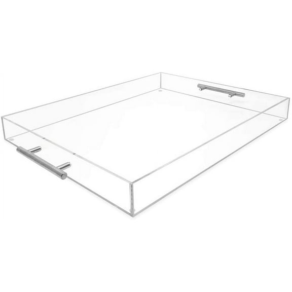Isaac Jacobs Clear Acrylic Serving Tray 16x20 with Silver Metal Handles, Spill-Proof, Stackable Organizer, Food & Drinks Server