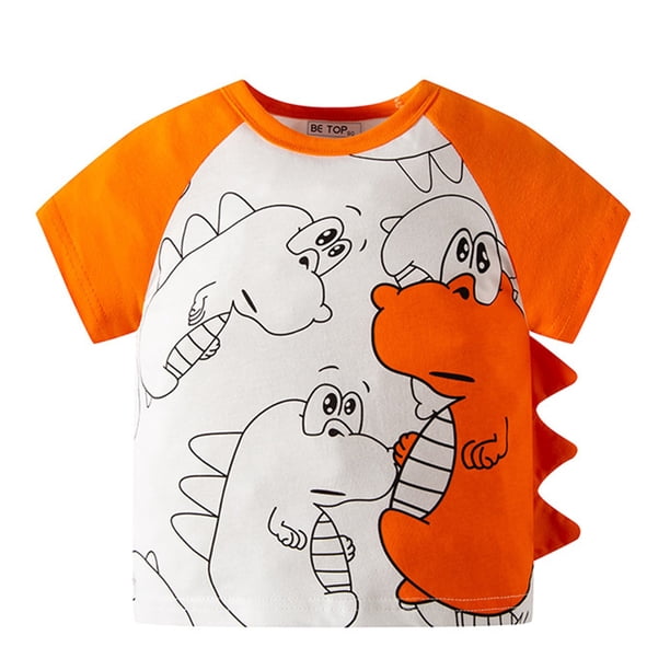 Gibobby Blusa Niños Camisetas de cuello redondo de manga corta con dinosaurio de dibujos animados para niños pequeños y bebés, camisetas, ropa para niños(Anaranjado, 3-4 Años)