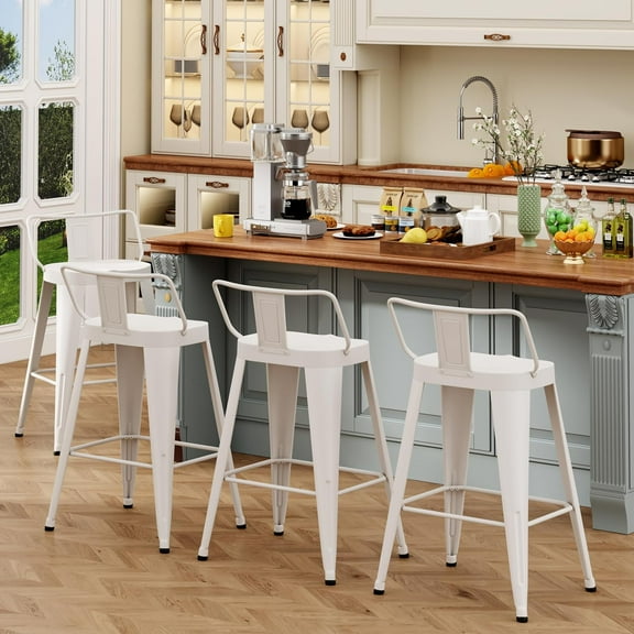 ALISH 26 Inch Bar Stools Set of 4, Industrial Metal Barstools Farmhouse Bar Chairs with Large Seat for Kitchen Island (26 Inch, White)