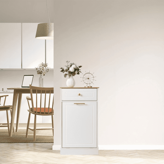 Kitchen Trash Can Cabinet, 1 Door 1 Drawer 1 Dirty Clothes Bags Garbage Storage Cabinet, White