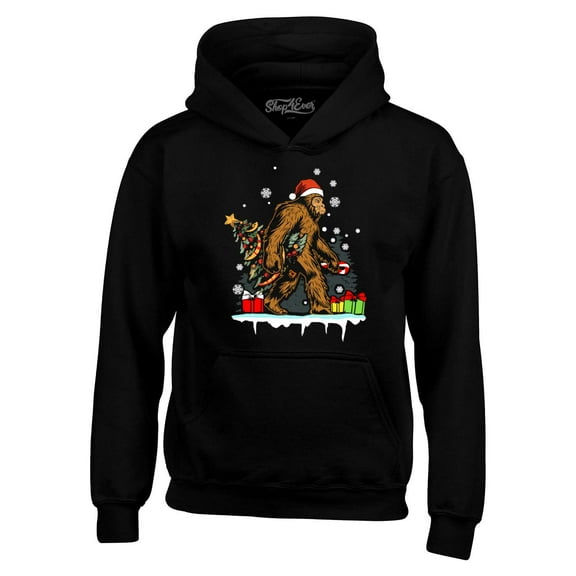 Shop4Ever Men's Bigfoot Santa Christmas Tree Toy Sack Sasquatch Hooded Sweatshirt Hoodie Medium Black