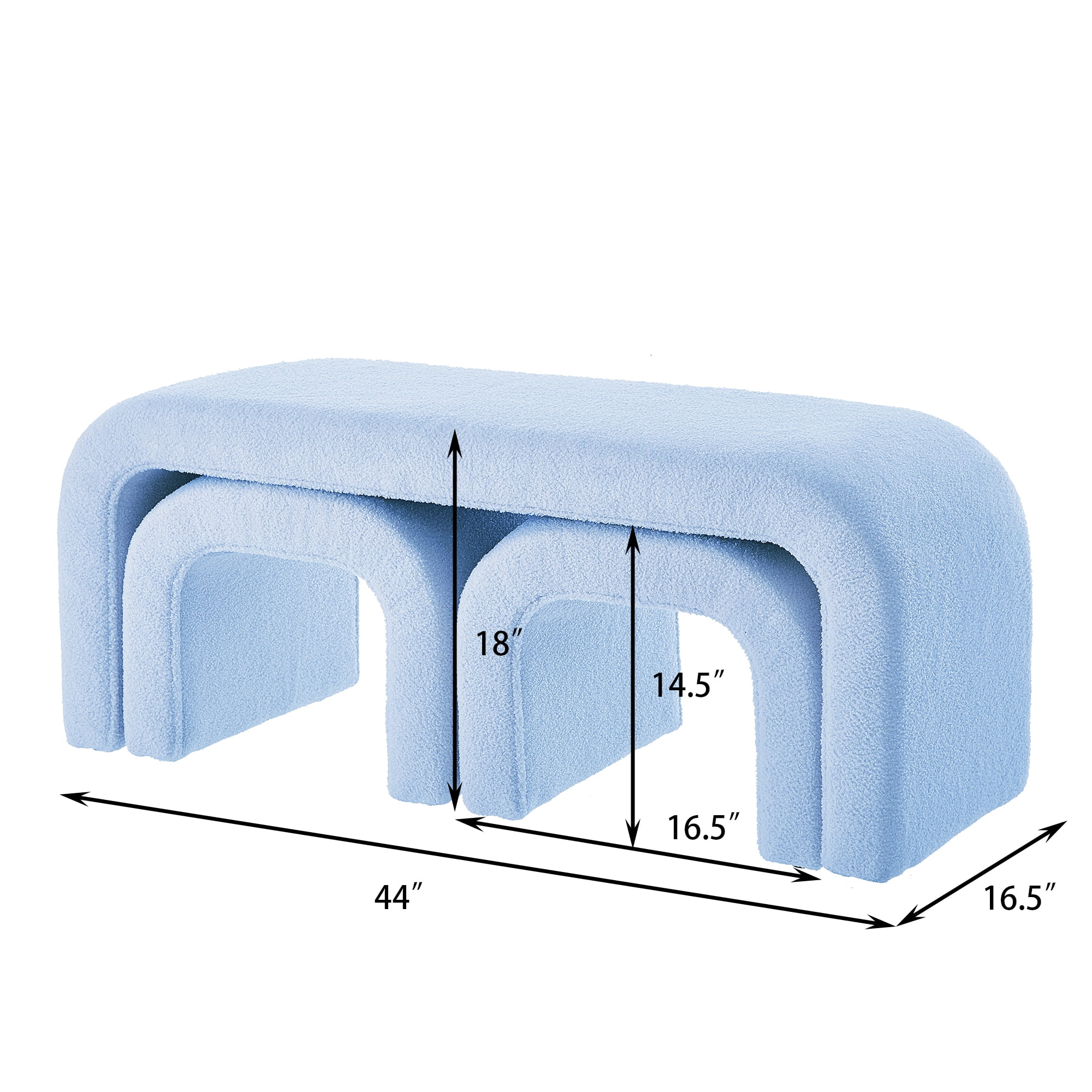 Aukfa 3-Piece U-Shaped Teddy Ottoman Bench Set, Upholstered End of Bed Bench, 2 Stools, No Assembly Required,Light Blue
