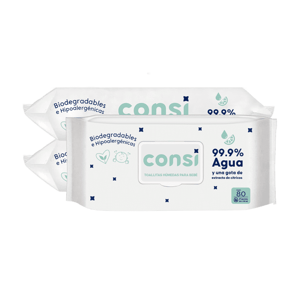 Consi Toallitas Húmedas Para Bebé, 99.9% Agua, Sin químicos, Hipoalergénicas, 240 toallitas, Sin fragancias, Piel sensible, Biodegradables, 3 paquetes