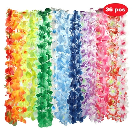 Multi Color Multi Row Necklace - 36Pcs Multicolor Hawaiian for Theme Party Favors Tropical Hawaii Luau Silk Flower Necklace