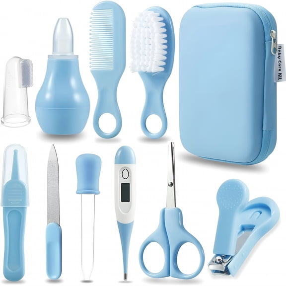 XIRQI Baby Healthcare and Grooming Kit,Baby Safety Set Baby Comb,Brush,Finger Toothbrush,Nail Clippers,Scissors,Nasal Aspirator,Baby Essentials Nursery Care Kit (Blue)
