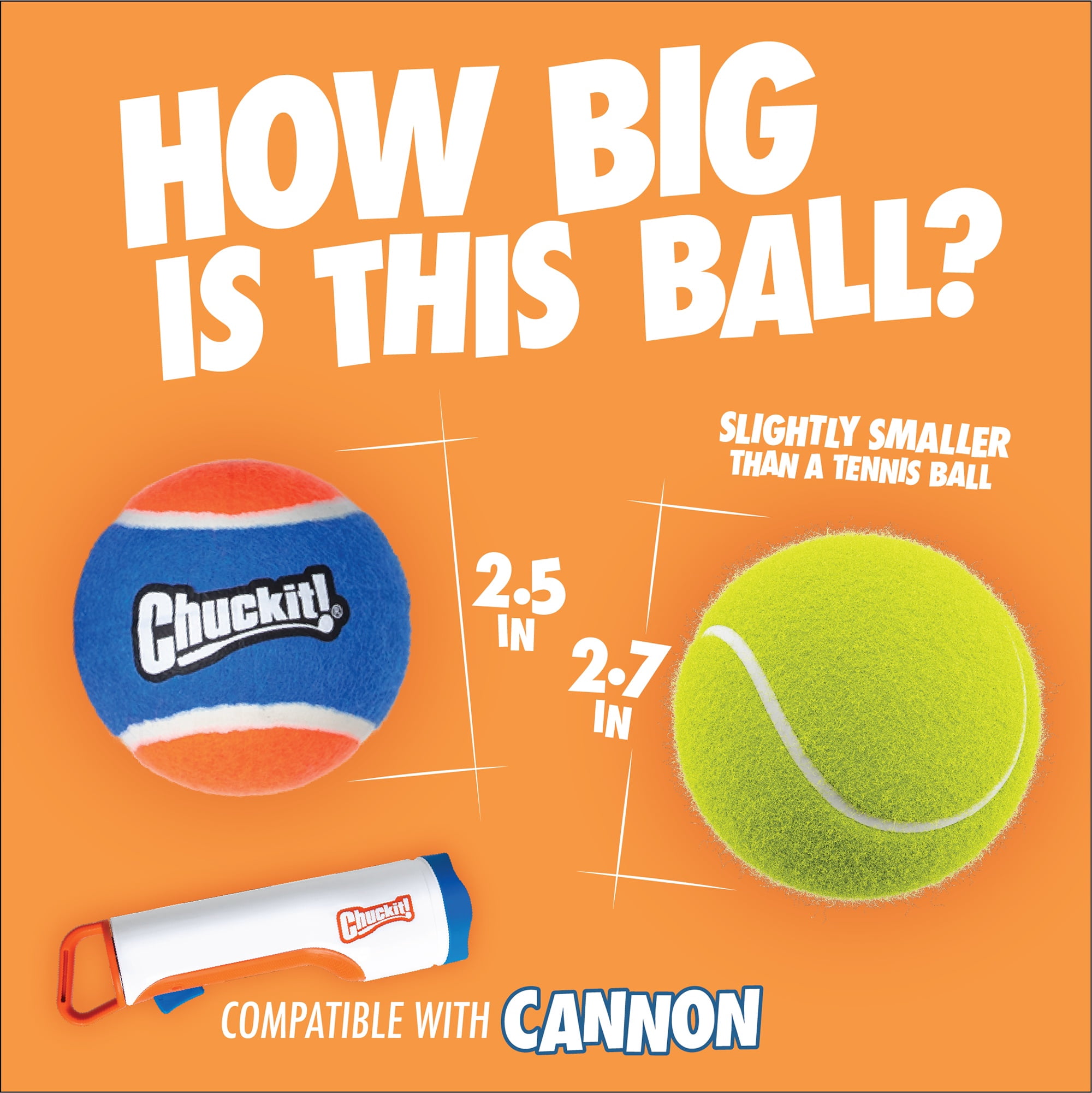 Chuckit! Cannon 16M Dog Ball Launcher Fetch Toy for Dogs, 16" Long Compatible with Small 2" and Medium 2.5" Balls, 4 Medium Balls Included