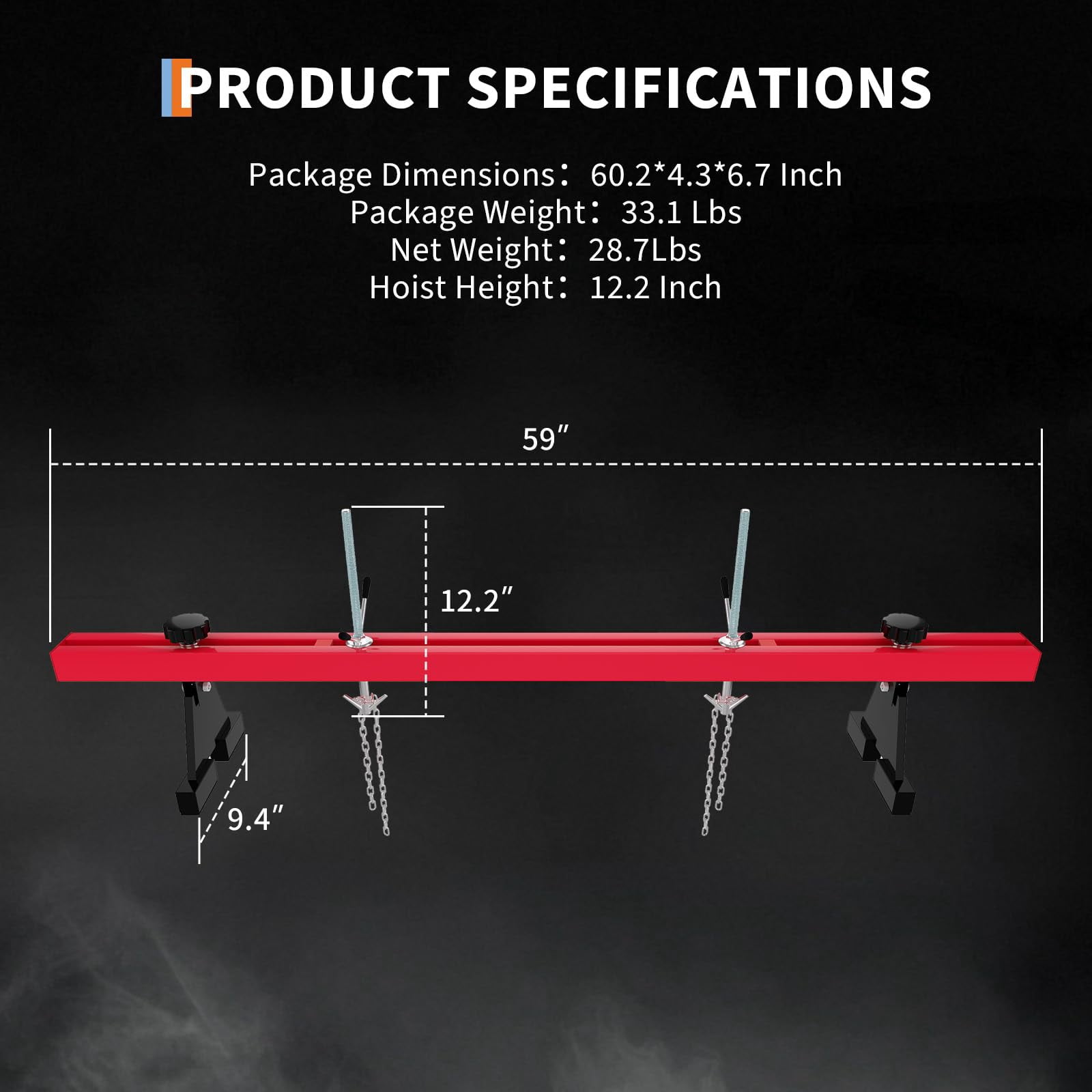 Towallmark 1100 Lbs Engine Support Bar Motor Hoist Leveler Adjustable Transverse w/ 2 Points Lift Holder Dual Hook Cross Hoist, Red