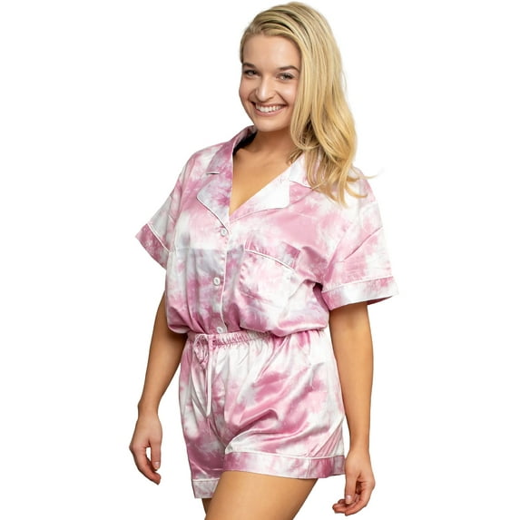 Belles Design Womens Tie Dye Short Sleeve Satin Silk Pajama Set Button Down 2 pieces Loungewear Sleepwear