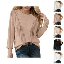Sweaters for Women 2025 Casual Crewneck Fringe Tassel Knitted Sweater Jumper Tops Womens Pullover Sweaters