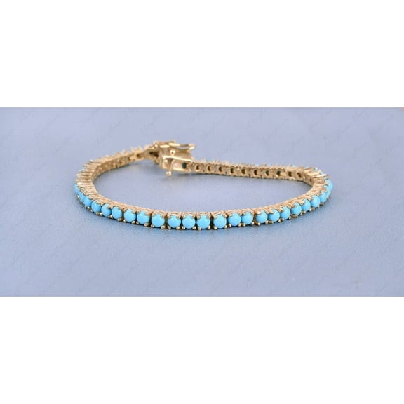 925 Silver Turquoise tennis bracelet 14K gold with diamond | Round natural turquoise tennis bracelet gold | Art Deco vintage turquoise bracelet gold