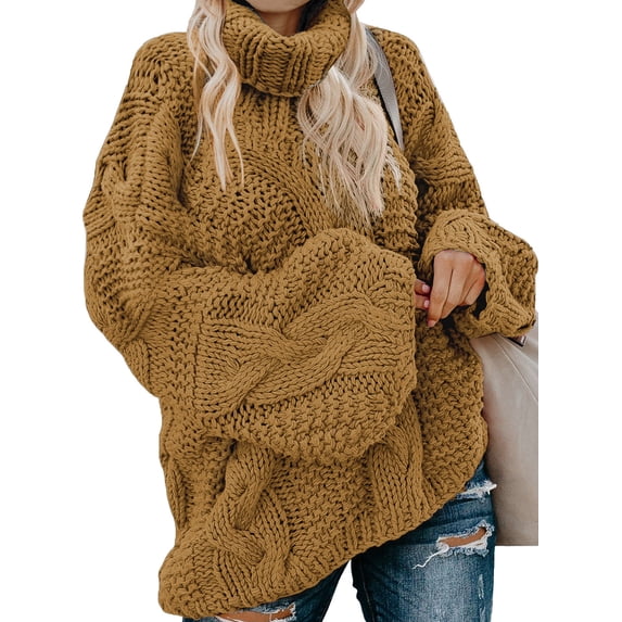 Asyoly Women Turtleneck Cable Knit Sweater Winter Long Balloon Sleeve Solid Color Casual Loose Oversized Chunky Pullover Cute Jumper Warm Tops S-XXL