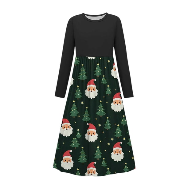 Vestido de manga larga con cuello redondo para niña, estampado navideño, manga larga, cuello redondo, bolsillos, falda larga informal para adultos, vestido de poliéster para niña.