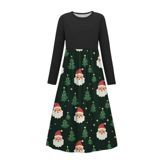 Robes Graphiques à Manches Longues pour Filles, Col Rond, Spandex, Vacances Joyeuses, Noël, Décontracté, Maxi, Été Automne, Vêtements 2025, Coupe Régulière, 13 Ans