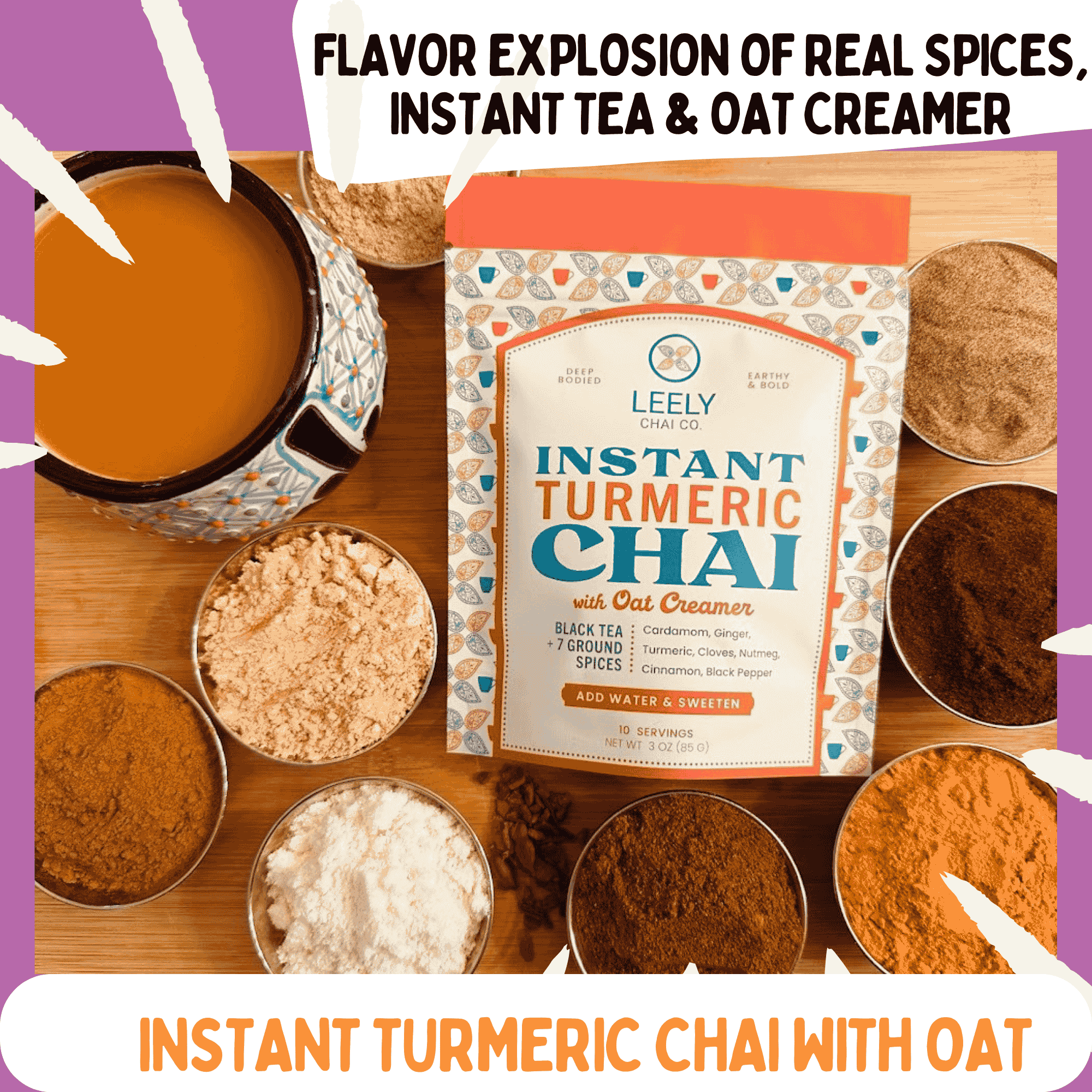 Leely Instant Turmeric Ginger Chai Latte with Oat Creamer - 6oz - Just Add Hot Water, No Steeping, Dissolves Instantly, Creamy Turmeric Ginger Drink Anytime