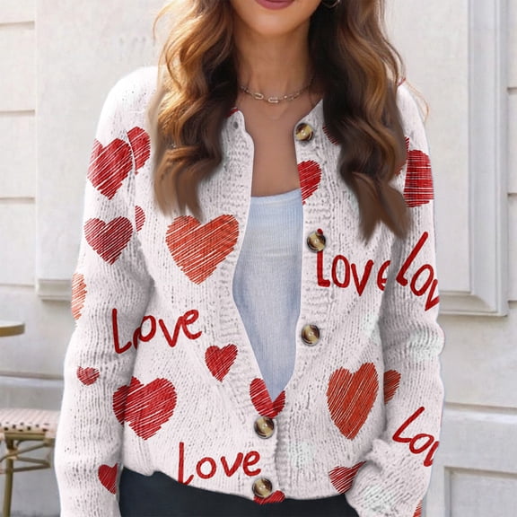 FrzhBrz Women Valentines Day Cute Printed Cardigan V Neck Long Sleeve Cardigan Loose Valentine Sweater Tops