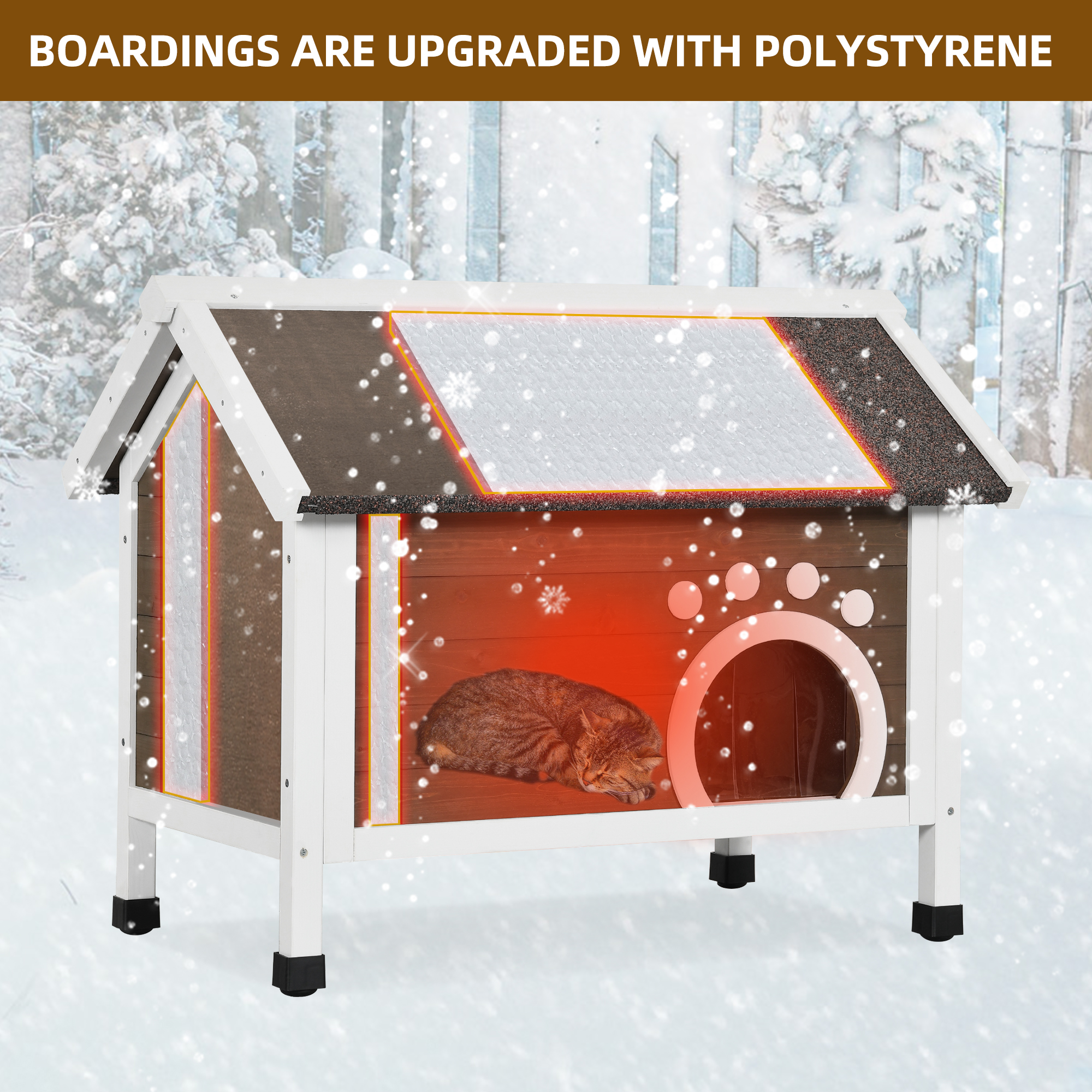 Uforic Outdoor Wood Cat House with Foam, Weatherproof Insulated Cat Shelter Enclosure, Brown