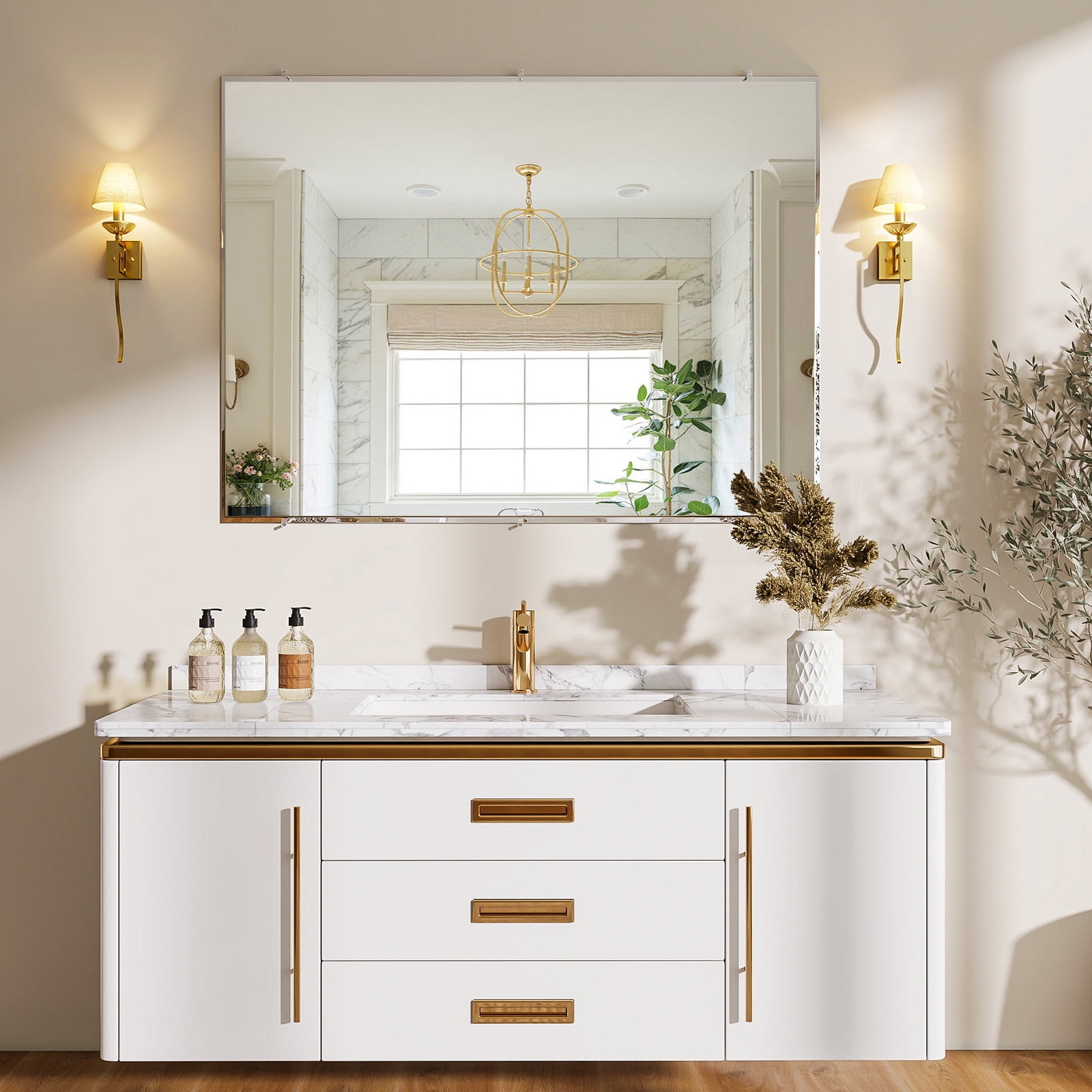 Easy4Home 36"x48" Frameless Rectangular Bathroom Mirror Beveled Edge Vanity Wall Mirror
