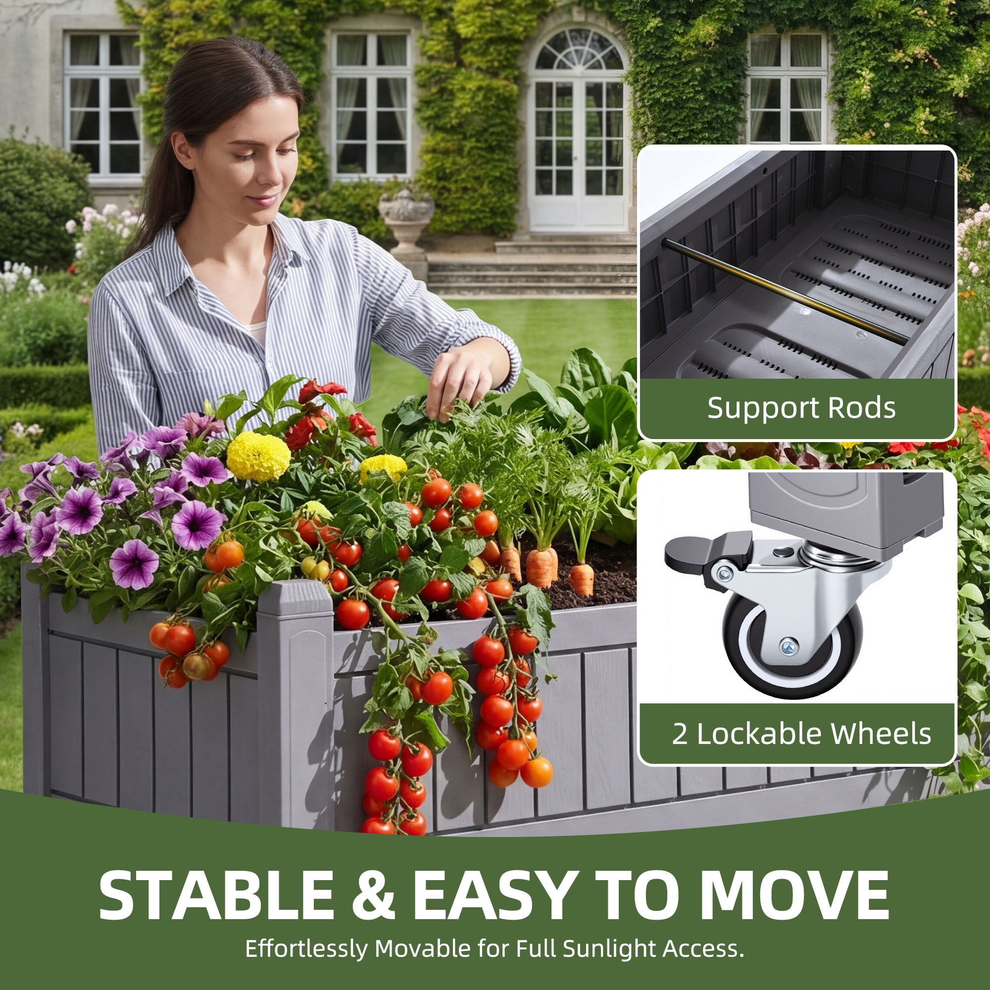 Uforic Mobile Raised Garden Bed 42.5x17.3x35.4 in, Elevated Plastic Planter Box with Drain Plug, Storage Shelf & Wheels, Light Brown