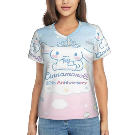 

Cinnamoroll Women S Classic-Fit Cotton Short-Sleeve V Neck T-Shirt，Tunic Blouse Top Ladies Casual Loose Top