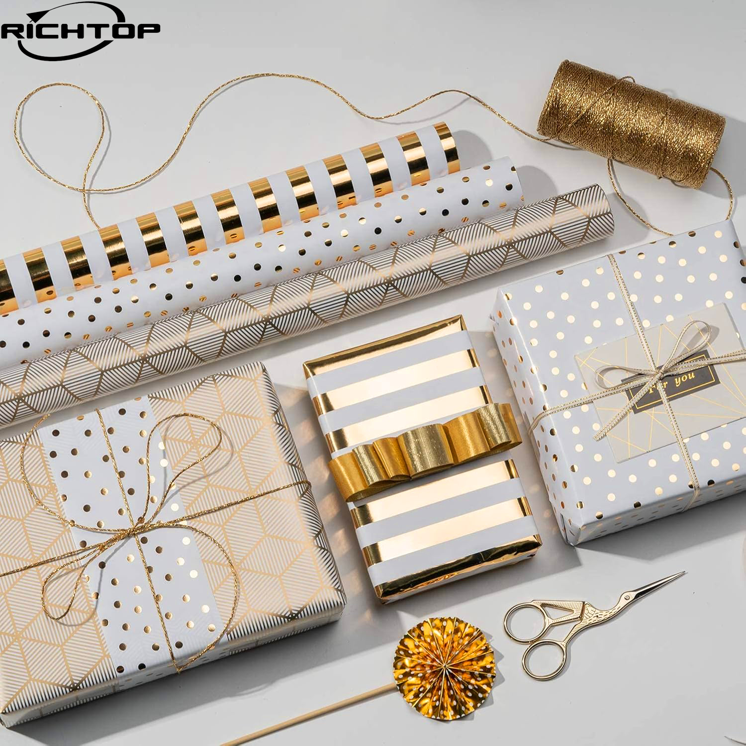 Richtop Gold & White Foil Wrapping Paper Rolls, 3-Pack photo 6